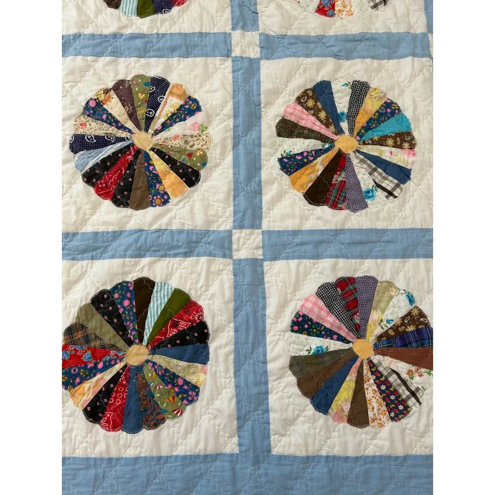 Vintage Handmade Dresden Plate Quilt Blue White Multicolor Patchwork 74x88